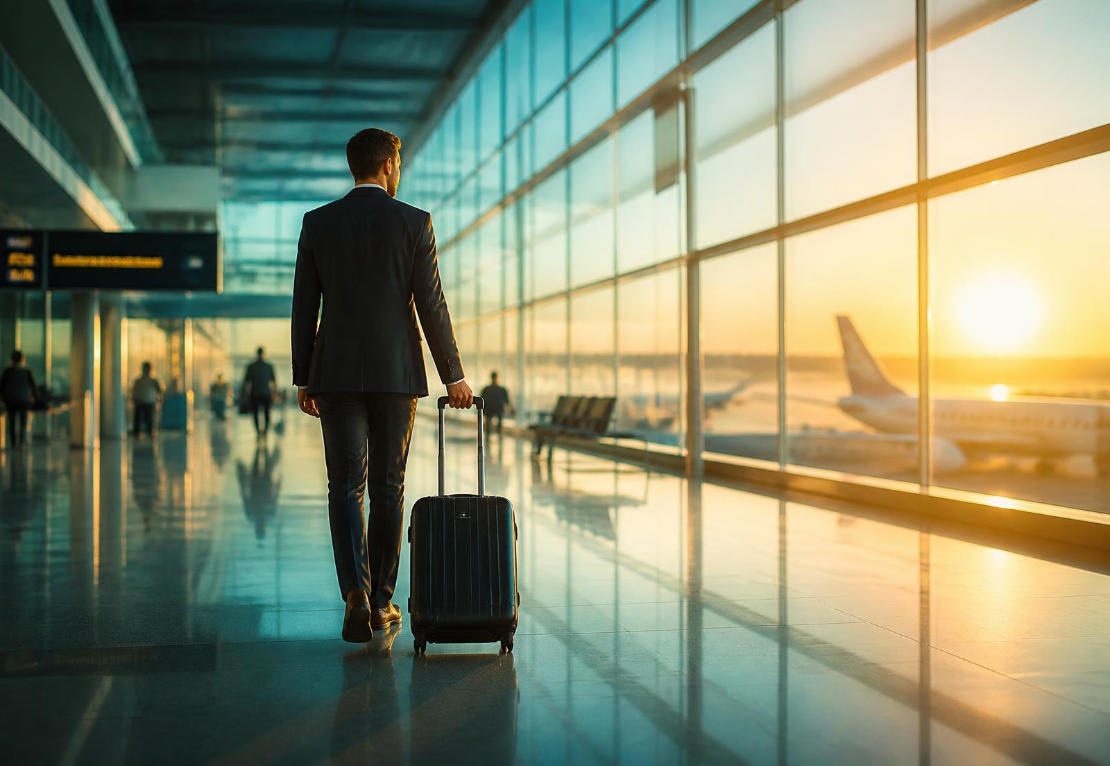 Business traveler walking through a sunlit airport terminal